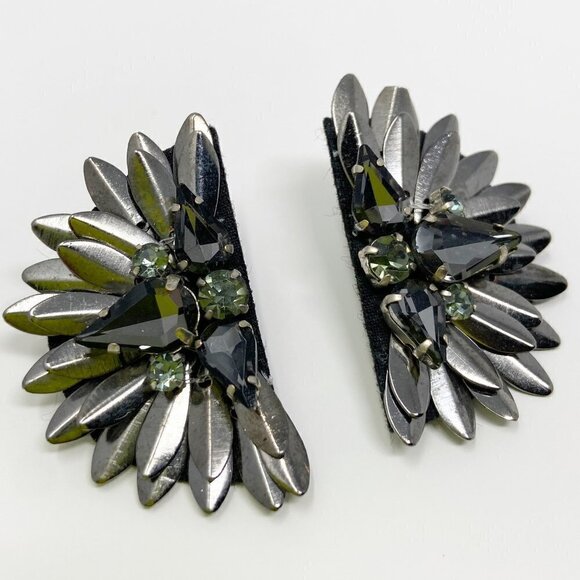 Hematite Black Beaded Crystal Geometric Semicircle Fan Earrings - Picture 1 of 5